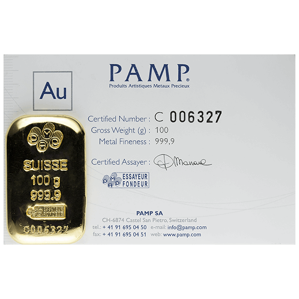 100 GRAM GOLD PAMP BAR CAST