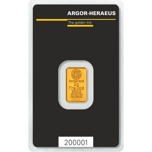 GOLD BARS ASSORTED WEIGHTS - 2 GRAM GOLD BAR ARGOR-HERAEUS KINEBAR - 2GRGBARK