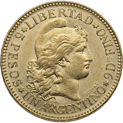 ARGENTINO 5 PESO GOLD COIN (1881-1896 DATES)