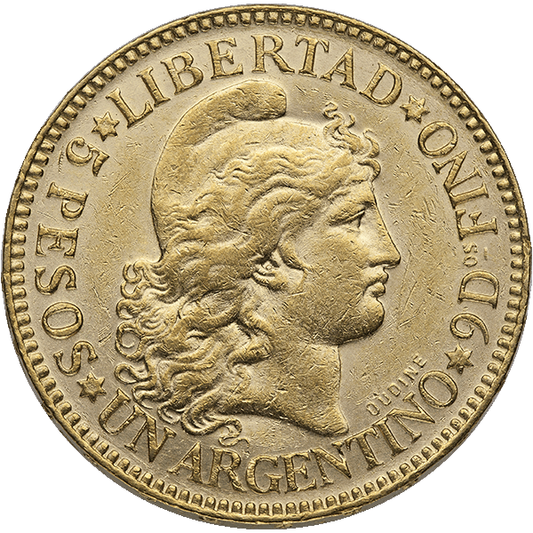 ARGENTINO 5 PESO GOLD COIN (1881-1896 DATES)