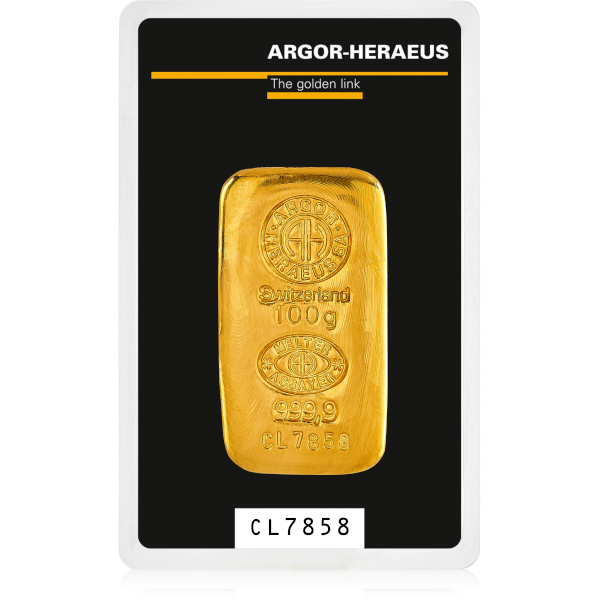 100 GRAM GOLD CAST BAR ARGOR-HERAEUS