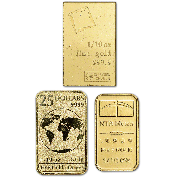 GOLD BARS ASSORTED WEIGHTS - 1/10 OZ GOLD BAR RANDOM TYPE - .1GBNP