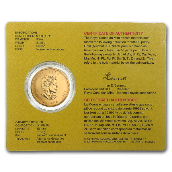 2007 1 OZ CANADIAN GOLD MAPLE LEAF .99999 FINE