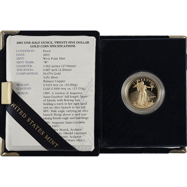 AMERICAN PROOF GOLD EAGLE - 1/2 OZ AMERICAN GOLD EAGLE PROOF WITH ORIGINAL BOX AND PAPERS - .5PRFGE