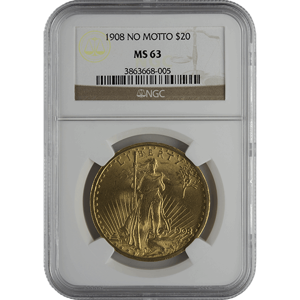 $20 U.S. GOLD SAINT NGC63 NO MOTTO