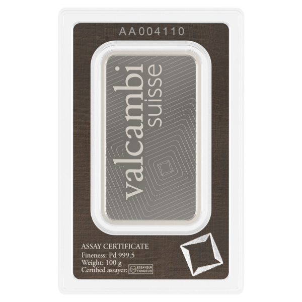 PALLADIUM BARS ASSORTED WEIGHT - 100 GRAM PALLADIUM BAR VALCAMBI - 100GRPDBVA