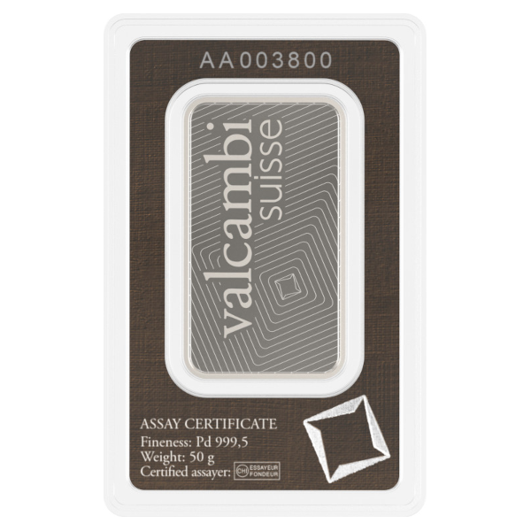 PALLADIUM BARS ASSORTED WEIGHT - 50 GRAM PALLADIUM BAR VALCAMBI - 50GRPDBVA