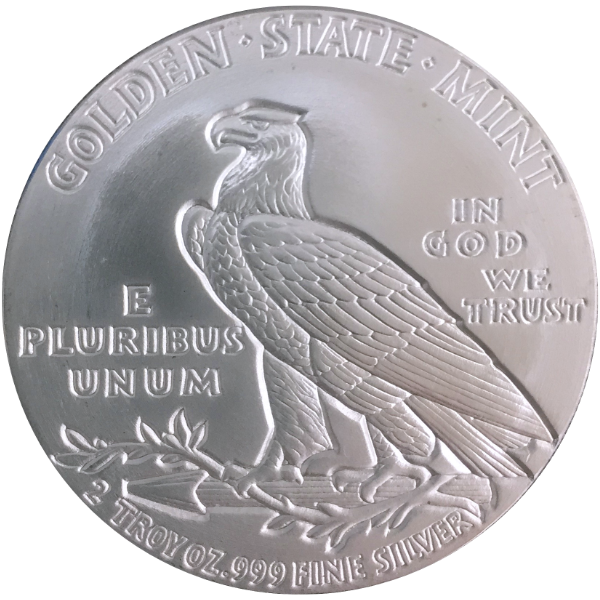 SILVER ROUNDS 2 OZ - 2 OZ SILVER ROUND INCUSE INDIAN DESIGN GOLDEN STATE MINT - 2SRDINGSM