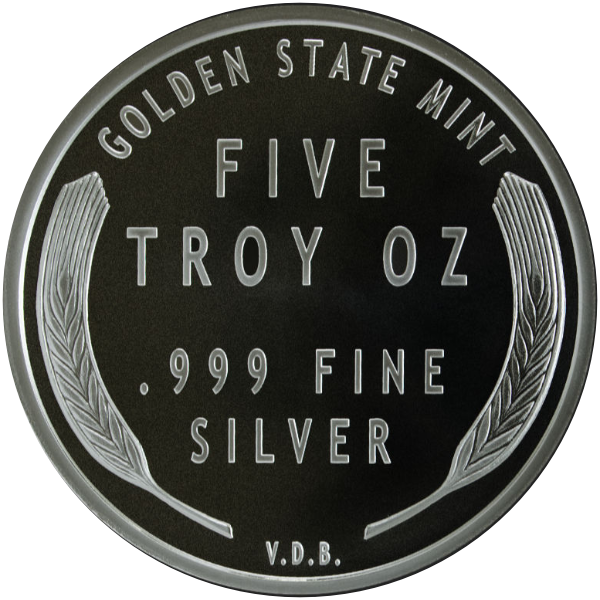 SILVER ROUNDS 5 OZ - 5 OZ SILVER ROUND LINCOLN WHEAT CENT DESIGN GOLDEN STATE MINT - 5SRDWHGSM