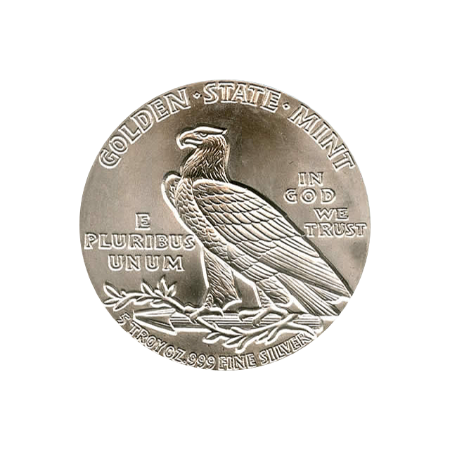 SILVER ROUNDS 5 OZ - 5 OZ SILVER ROUND INCUSE INDIAN DESIGN GOLDEN STATE MINT - 5SRDINGSM