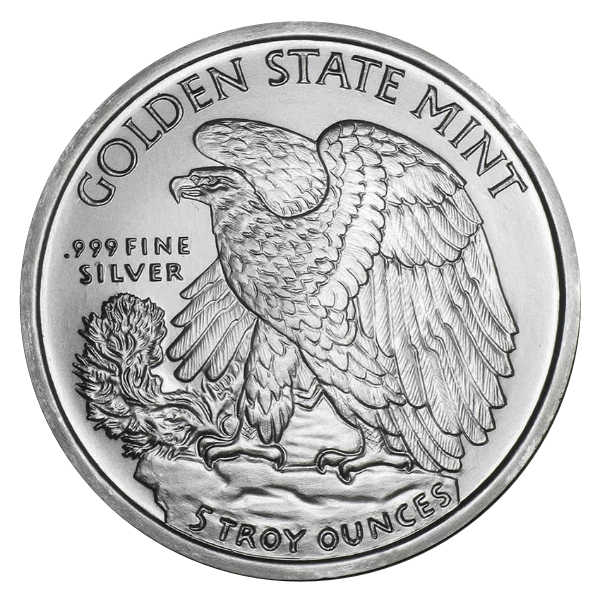 SILVER ROUNDS 5 OZ - 5 OZ SILVER ROUND WALKING LIBERTY DESIGN GOLDEN STATE MINT - 5SRDWLGSM