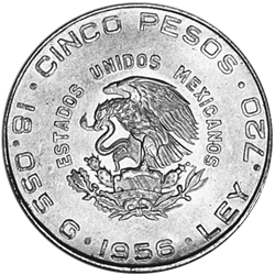 1955-1957 MEXICAN 5 PESO SILVER HIDALGO