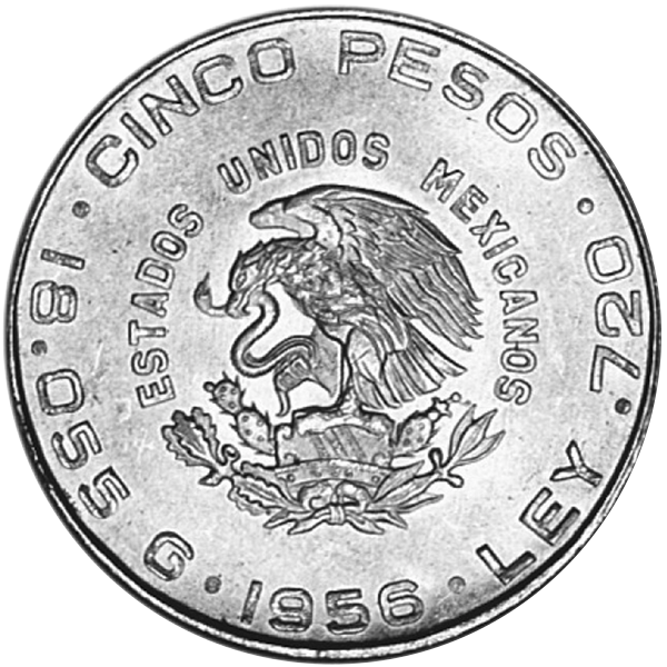 1955-1957 MEXICAN 5 PESO SILVER HIDALGO