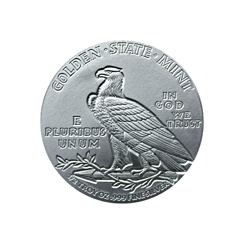 SILVER ROUNDS FRACTIONAL - 1/2 OZ SILVER ROUND INCUSE INDIAN DESIGN GOLDEN STATE MINT - .5SRDINGSM