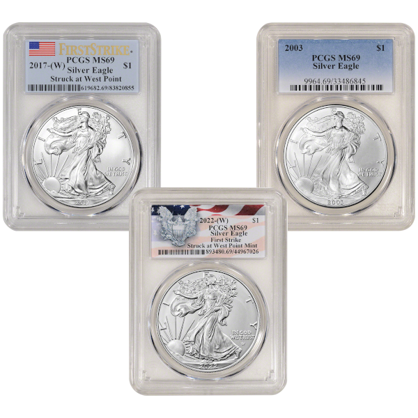 AMERICAN SILVER EAGLE NGC AND PCGS - 1 OZ AMERICAN SILVER EAGLE PCGS MS69 YEARS OF OUR CHOICE - 1SEP69