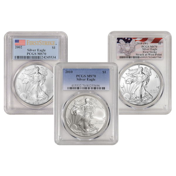AMERICAN SILVER EAGLE NGC AND PCGS - 1 OZ AMERICAN SILVER EAGLE PCGS MS70 YEARS OF OUR CHOICE - 1SEP70