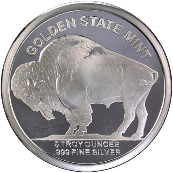 SILVER ROUNDS 5 OZ - 5 OZ SILVER ROUND BUFFALO DESIGN GOLDEN STATE MINT - 5SRDBUGSM