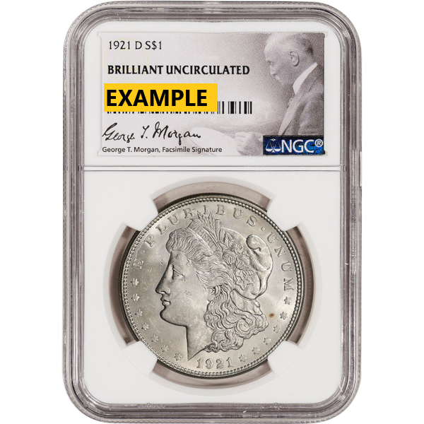 1921-D MORGAN SILVER DOLLAR NGC BU G.T. MORGAN LABEL